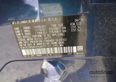 2016 Honda Hr-V Lx z USA, uszkodzony, nr VIN 3CZRU6H34GM707147